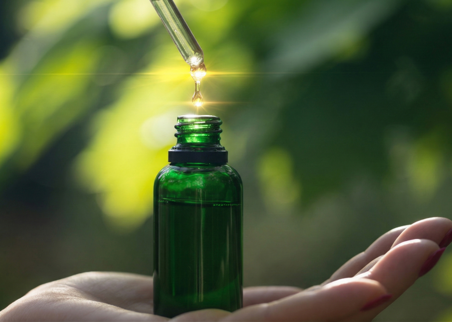 女性の手に乗せられた緑色のスポイト瓶から、黄金色の美容オイル「然（ZEN）」が滴る瞬間のイメージ。植物を背景にしたナチュラルで高級感のあるスキンケア風景。